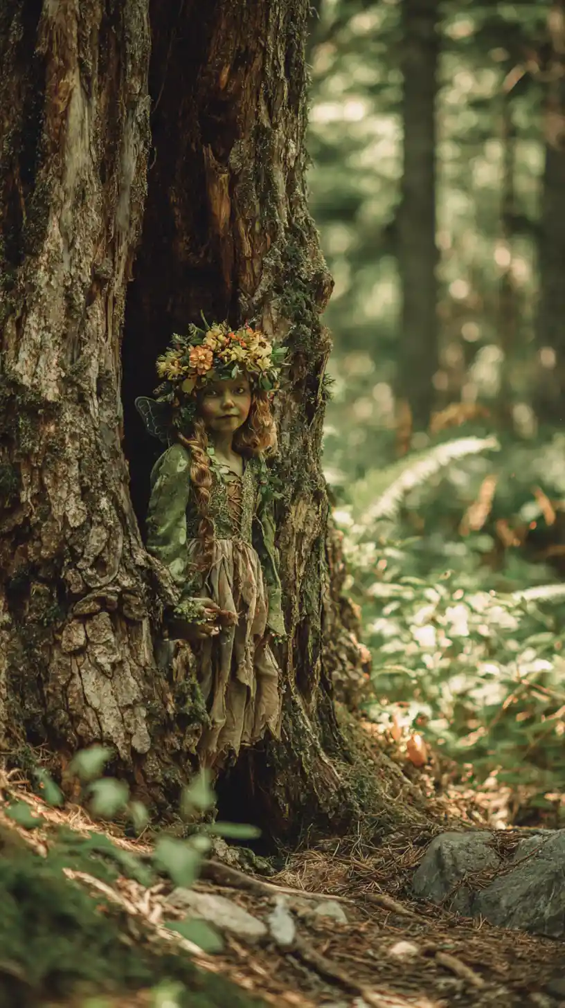 Tiny forest fairy beside an ancient tree spirit