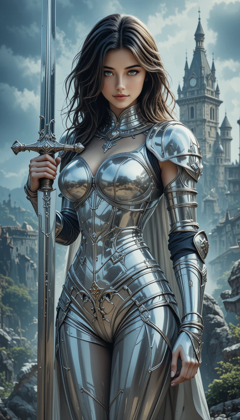 Armored woman knight with sword before stormy castle