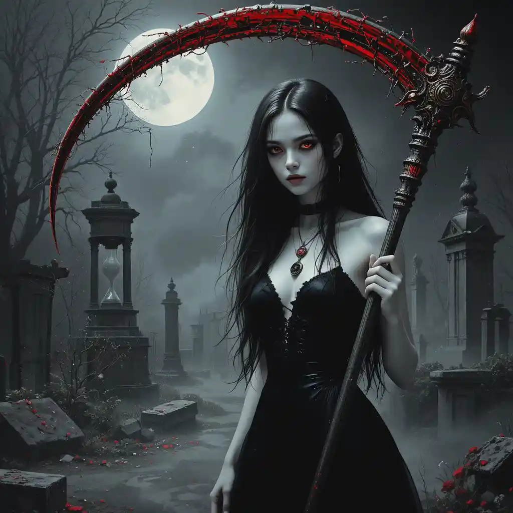 Femme gothique avec une faux dans un cimetière sous la pleine lune