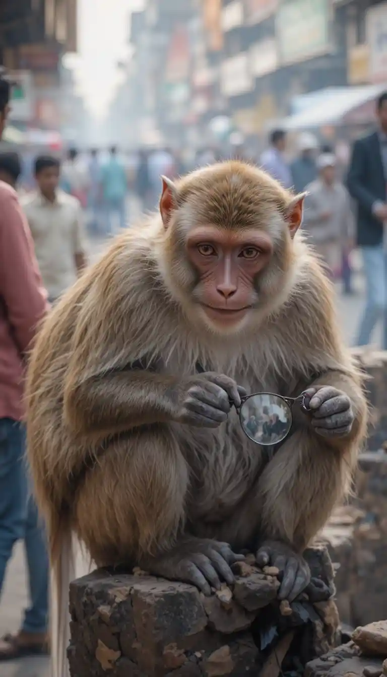 Monkey grabbing belongings in a busy Indian street market