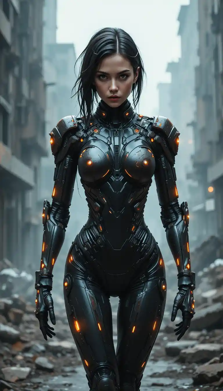 Cyborg féminine dans une rue brumeuse d’une ville dystopique