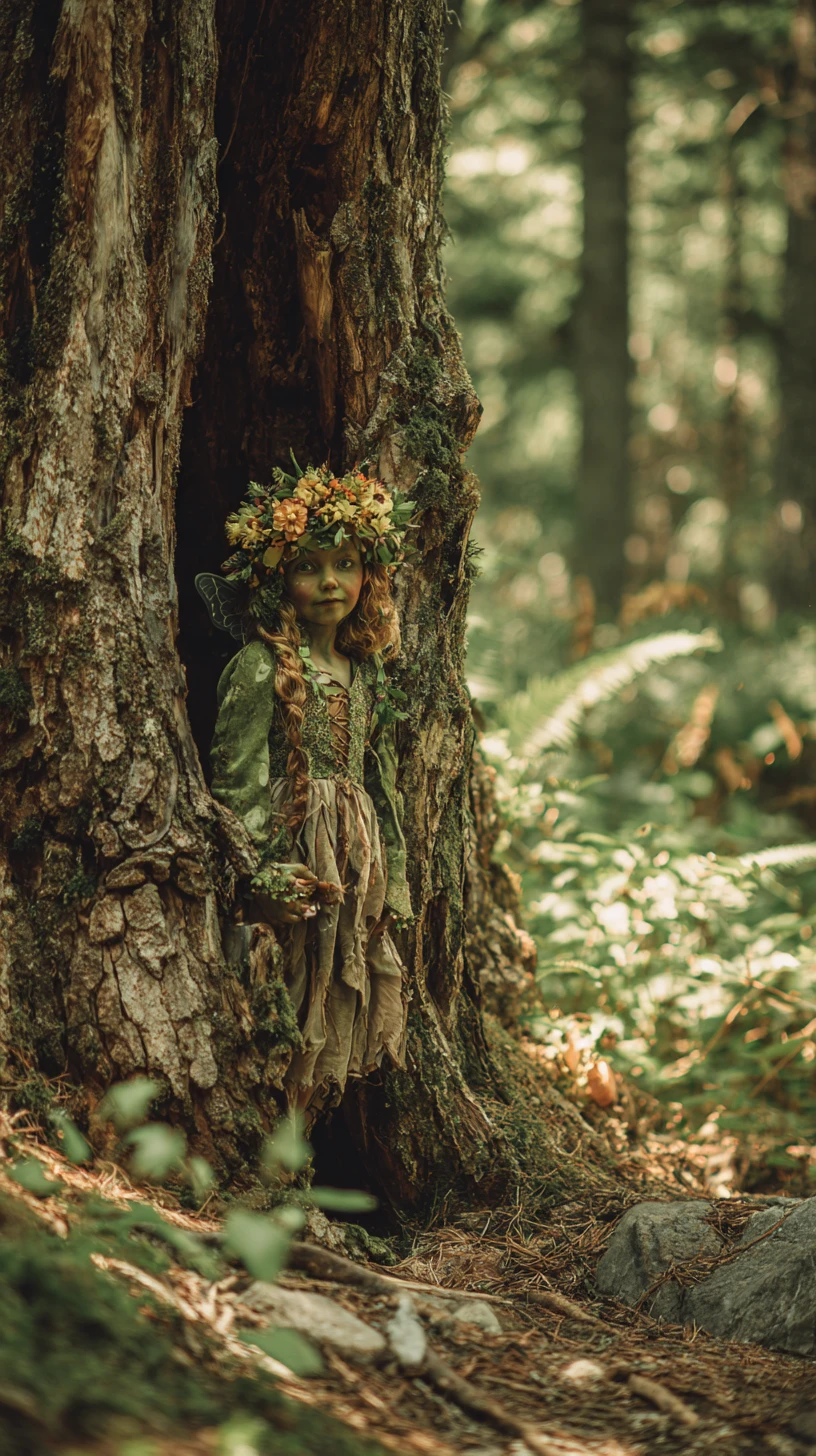 Tiny forest fairy beside an ancient tree spirit
