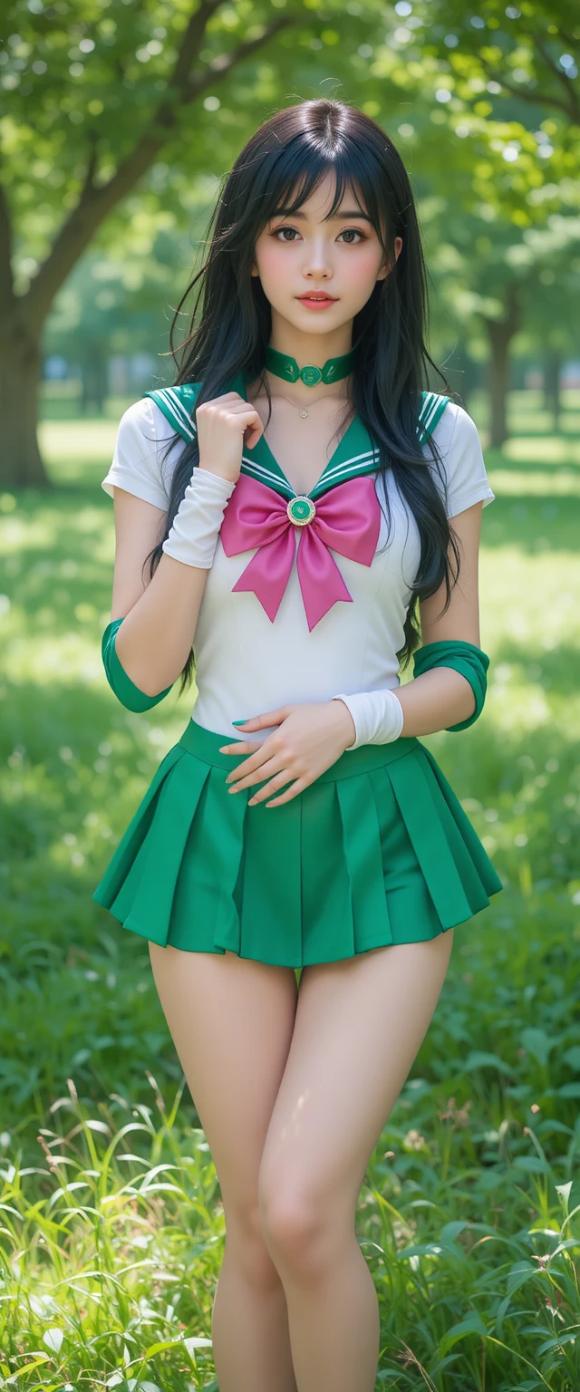 Anime girl in sailor style outfit relaxing in green park
