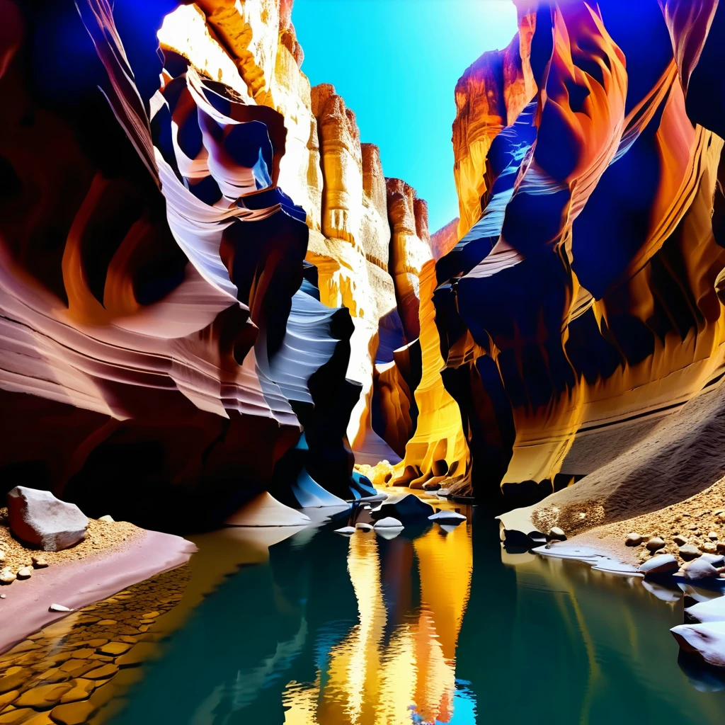 Paysage de canyon serein avec grottes et ruisseau central