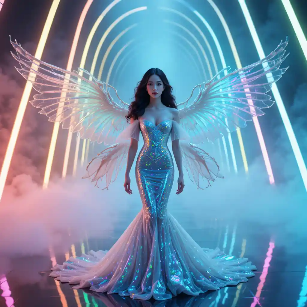 Mannequin coréen éthéré en robe de sirène irisée haute couture