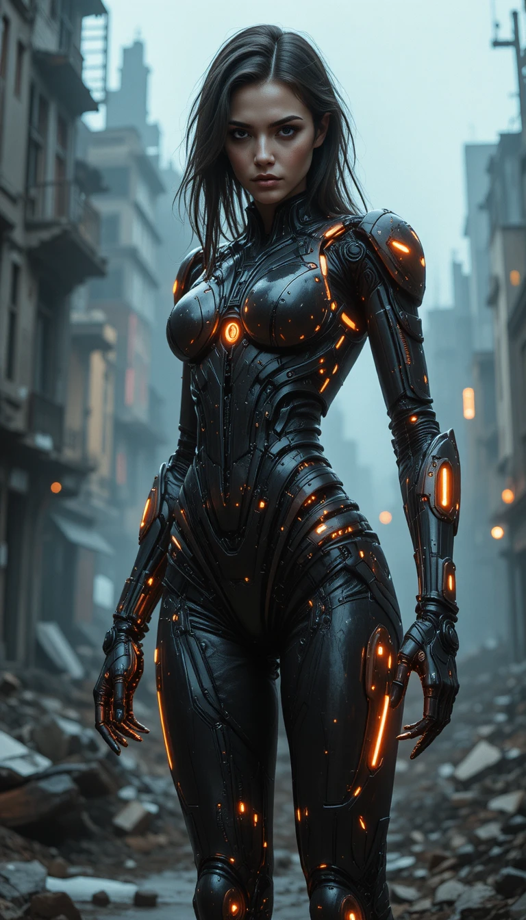 Realistic female cyborg in a ruined dystopian cityscape