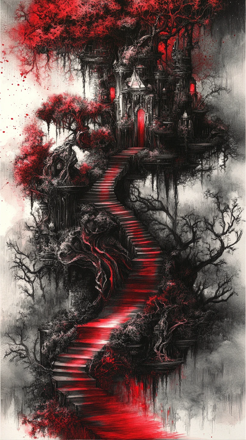Surrealistische Traumlandschaft in Kohle mit roter Tinte und dramatischer Tiefe
