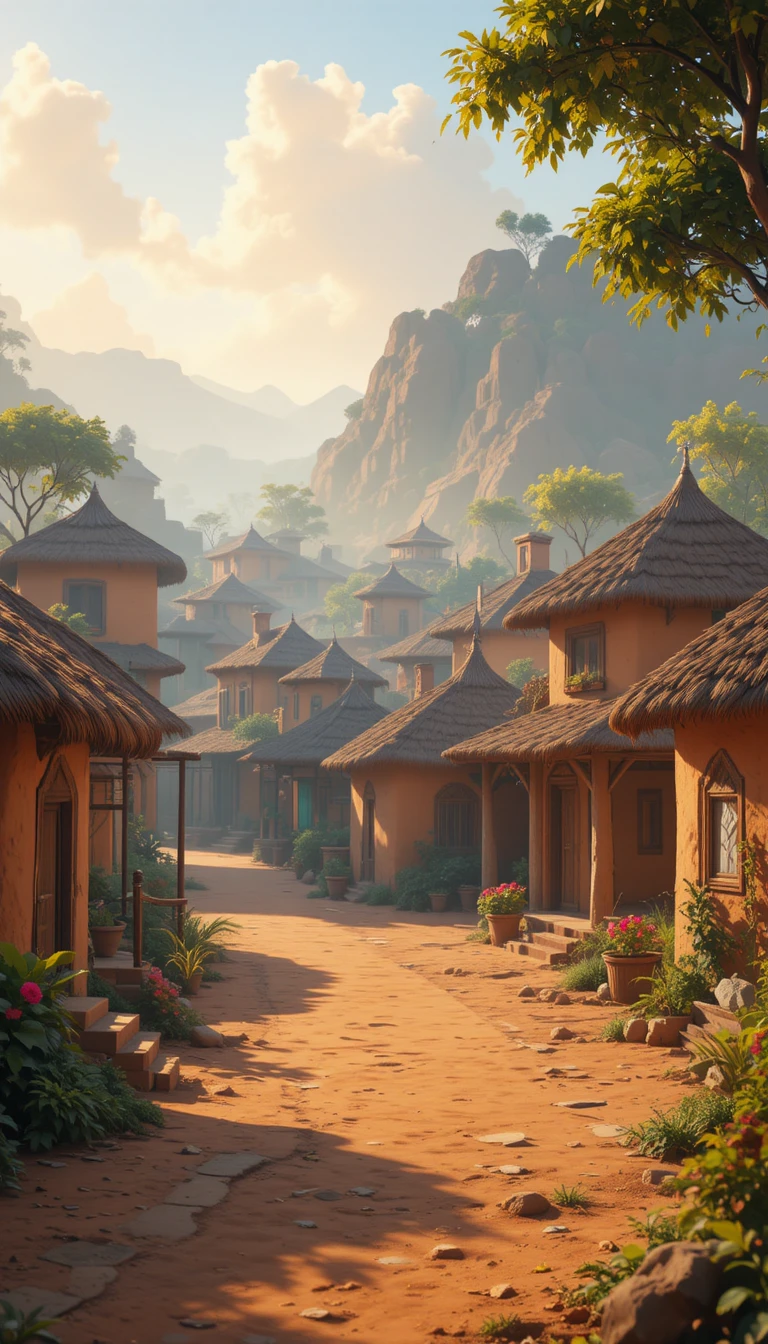 Colorato villaggio indiano in stile Pixar alla morbida luce del mattino