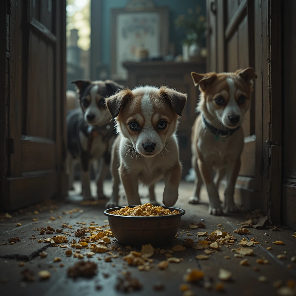Welpe am Futter, während zwei schlaue Hunde auftauchen
