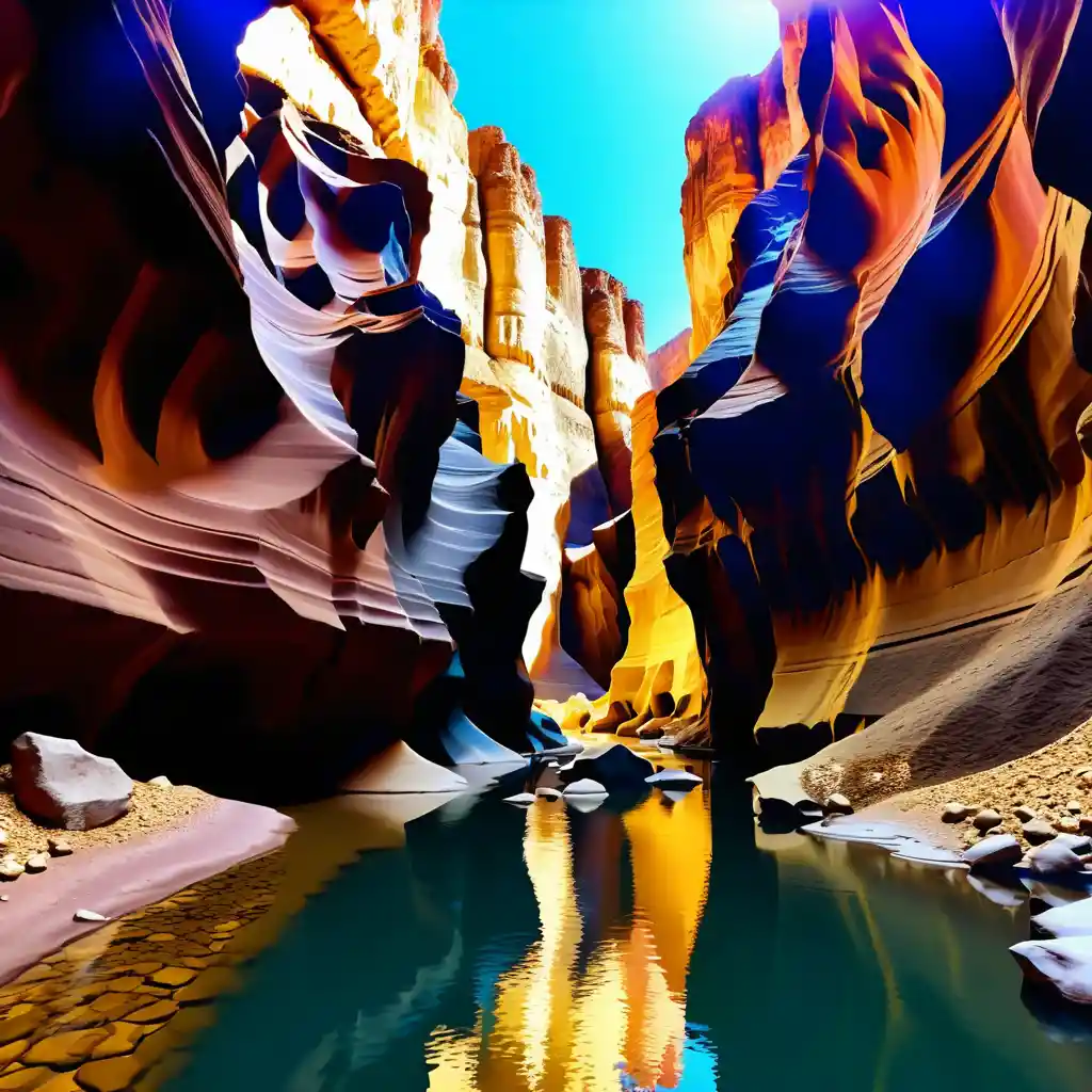Paysage de canyon serein avec grottes et ruisseau central