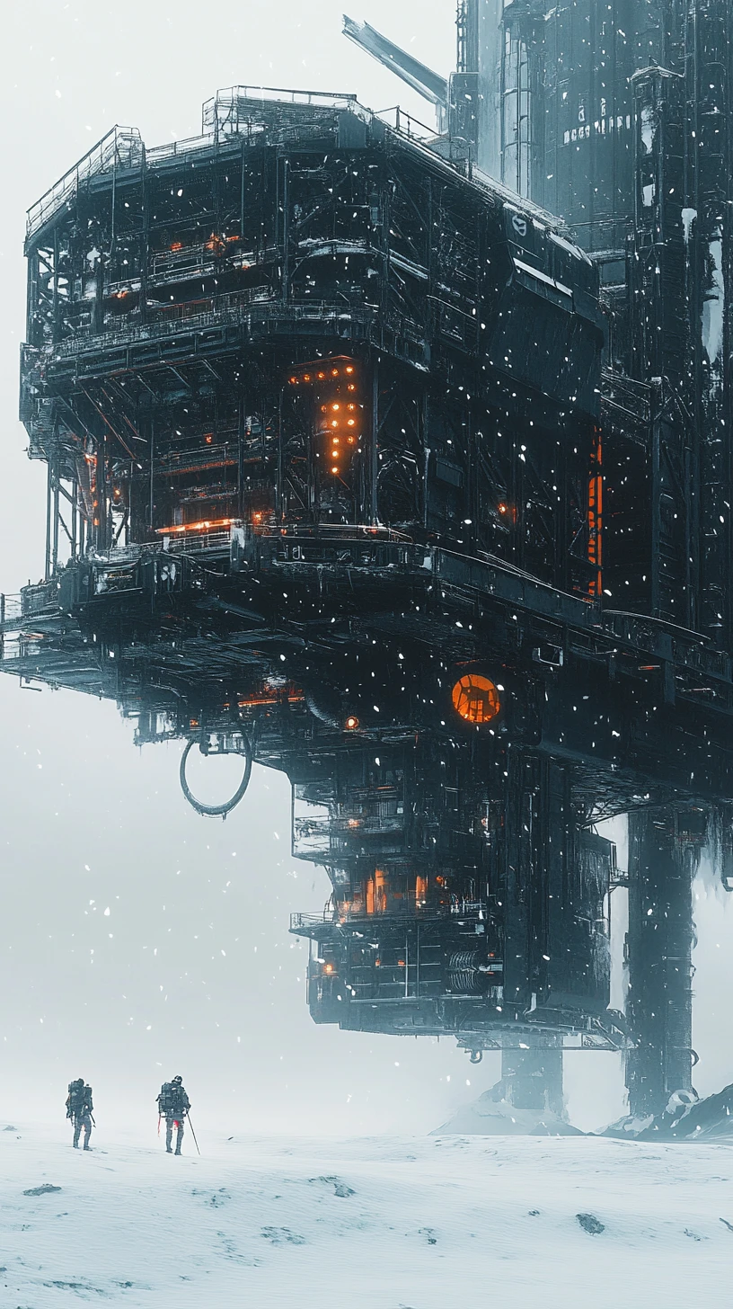 Vaisseau spatial colossal atterrissant sur une étendue de neige gelée infinie