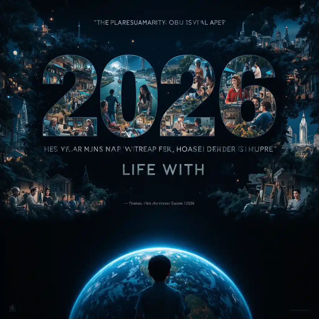 Póster futurista de 2026 con la Tierra brillando en el espacio profundo