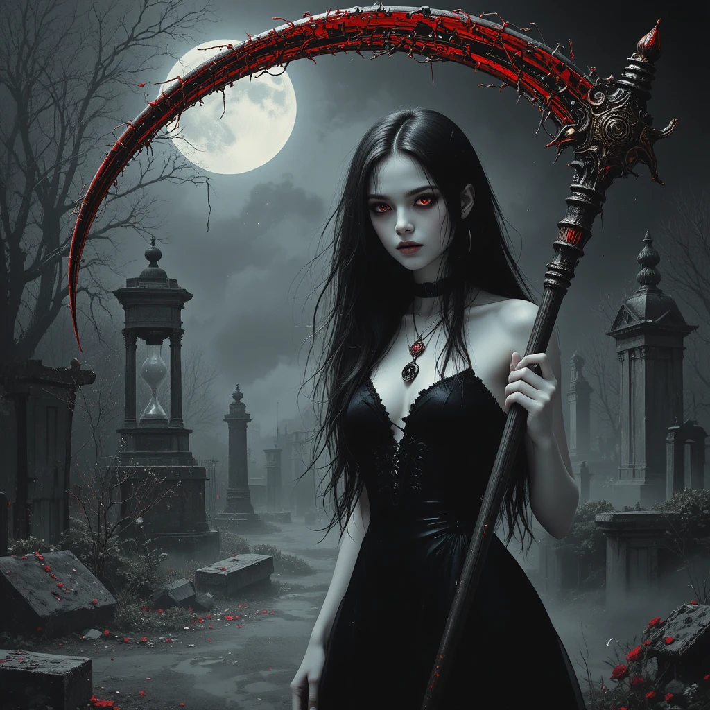 Gothic-Frau mit Sense im Friedhof unter dem Vollmond