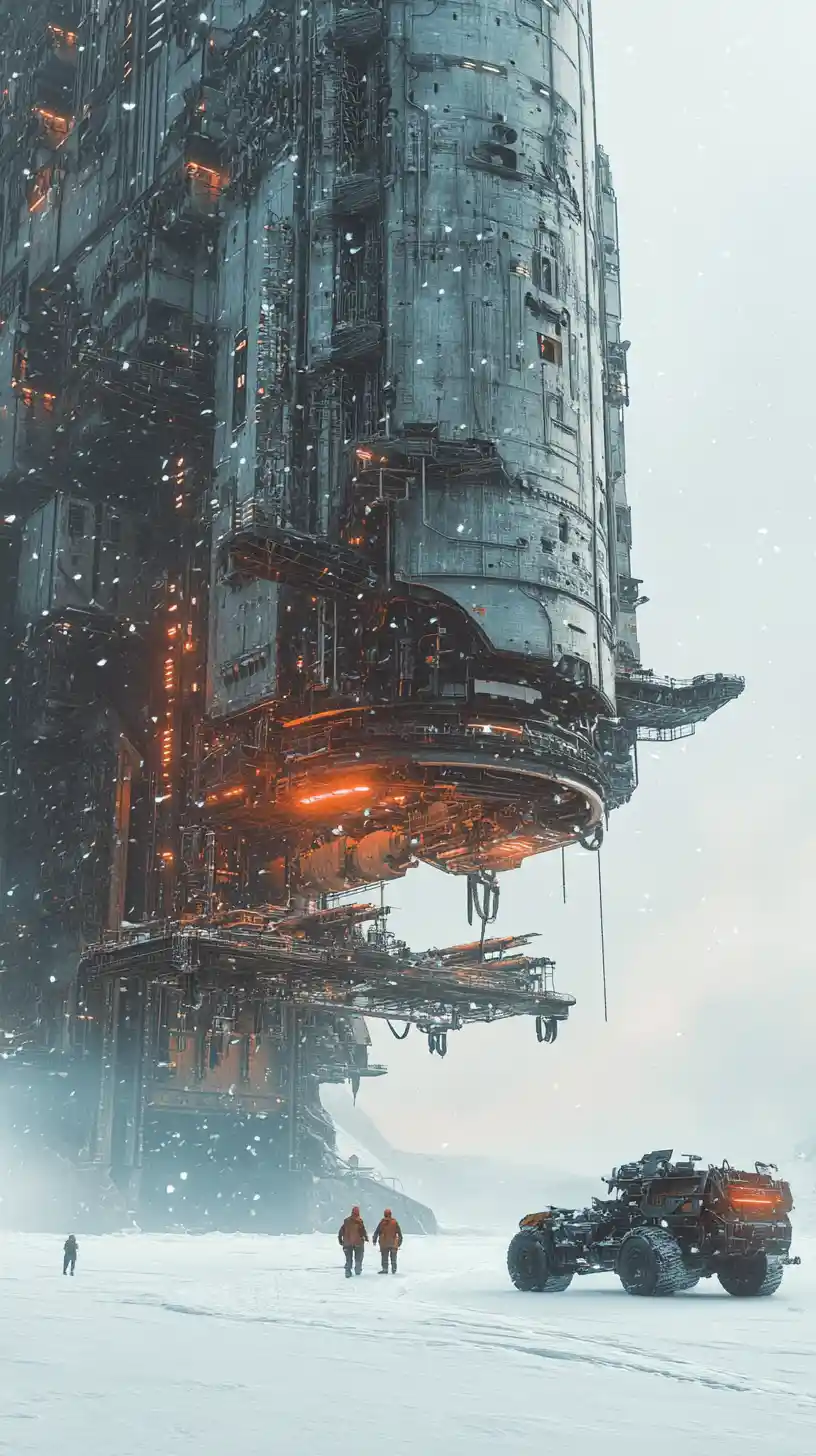 Enorme nave espacial de ciencia ficción aterrizando en una llanura helada