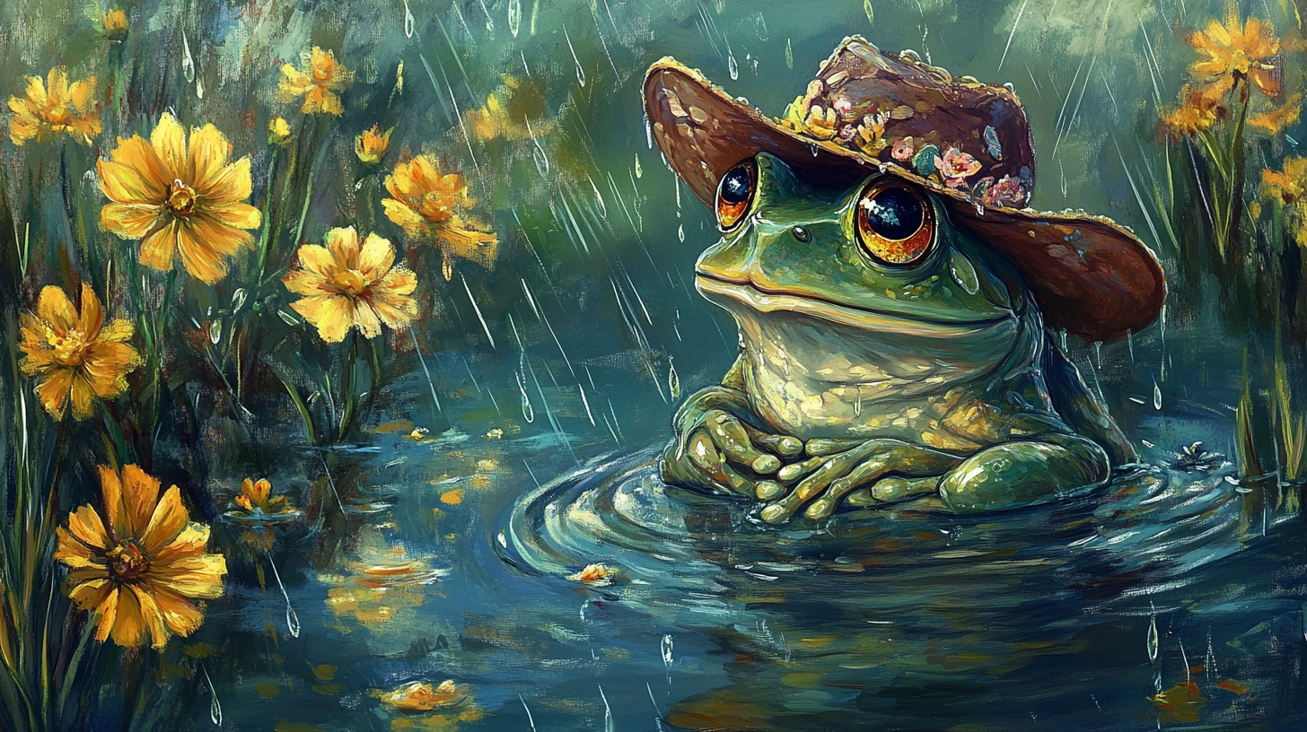 Victorian frog in a hat sitting thoughtfully in a meadow