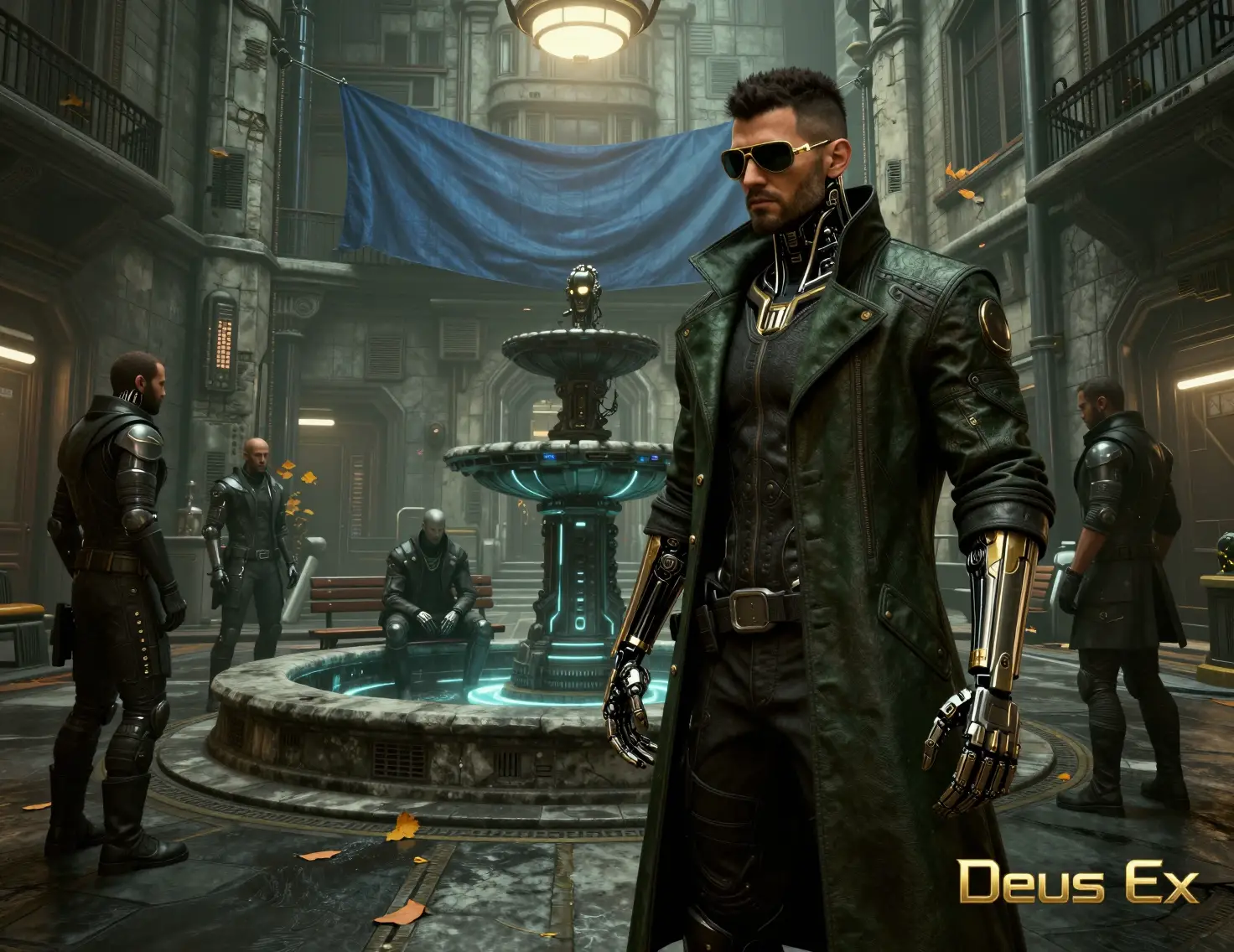 Détective augmenté dans une rue sombre de ville cyberpunk