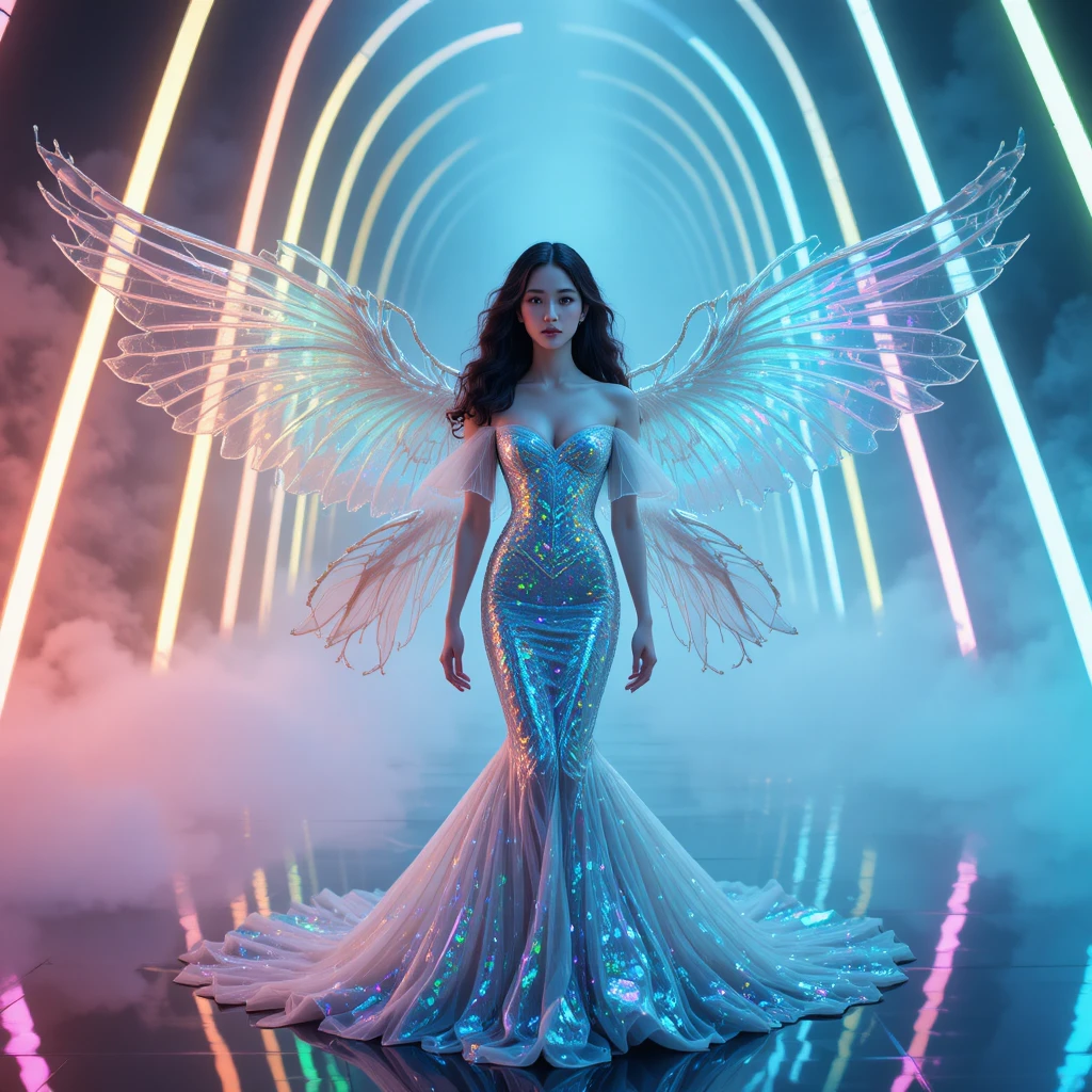 Mannequin coréen éthéré en robe de sirène irisée haute couture