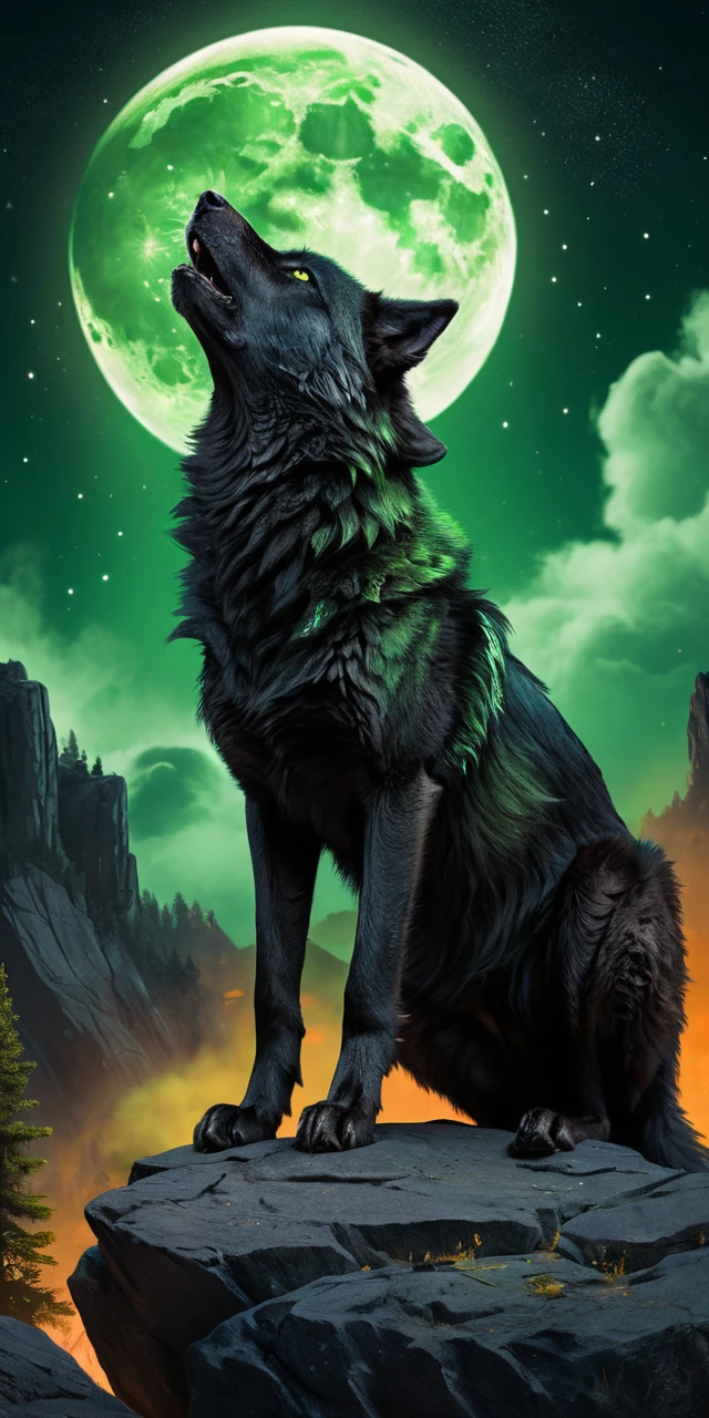 Lobo negro sob uma lua cheia verde brilhante sobre rochas
