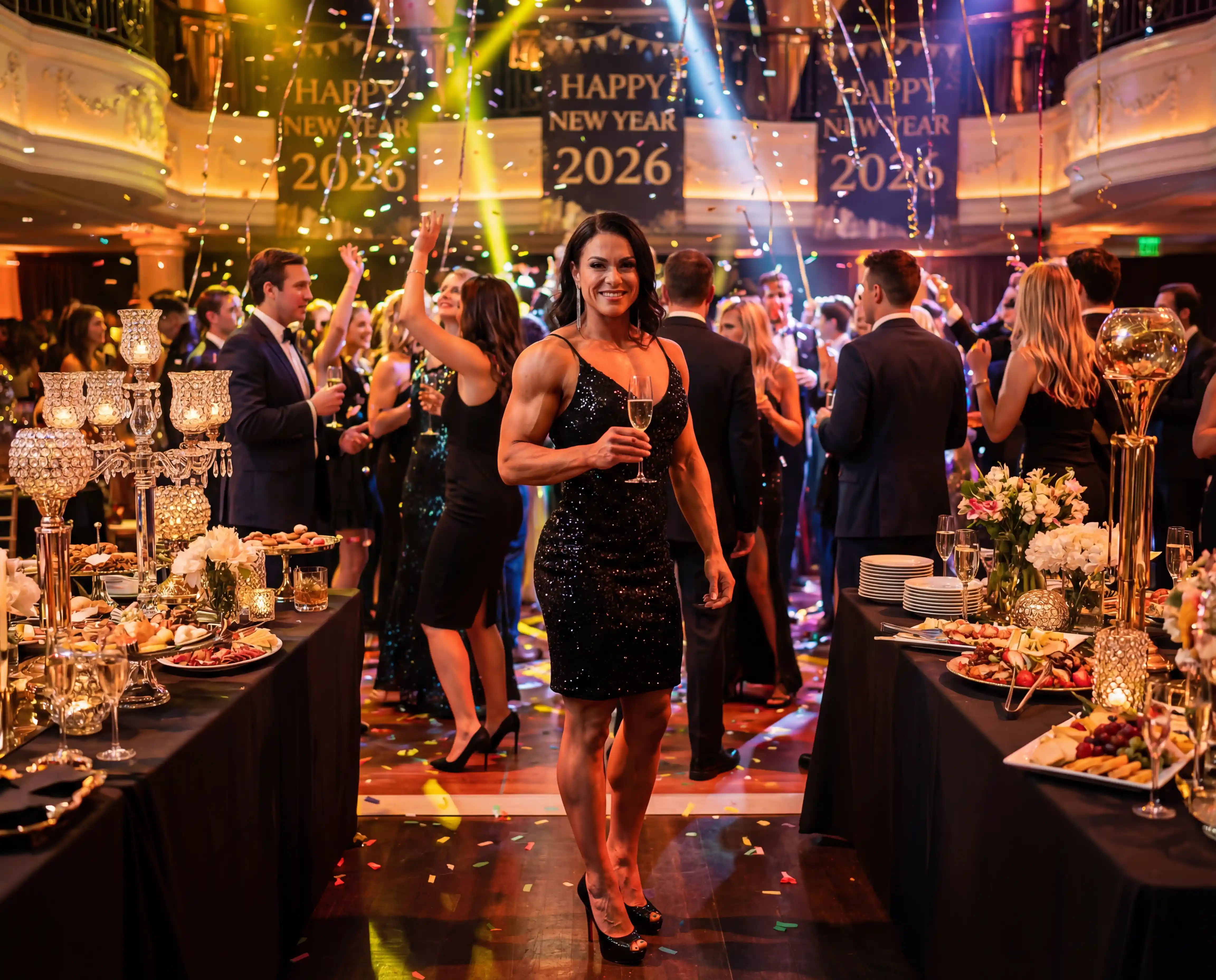 Femme sûre d’elle en robe noire à une soirée du Nouvel An