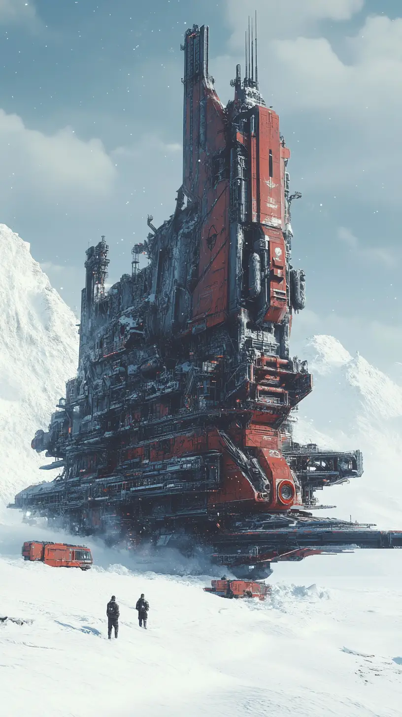 Massive sci fi spaceship landing on endless snowy plain
