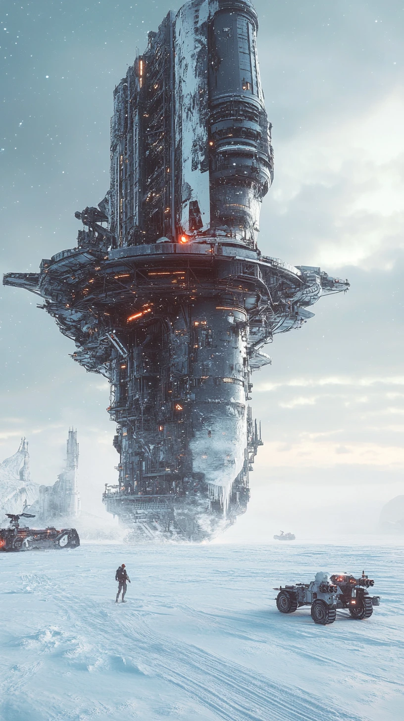 Giant sci fi spaceship landing on endless snowy plain