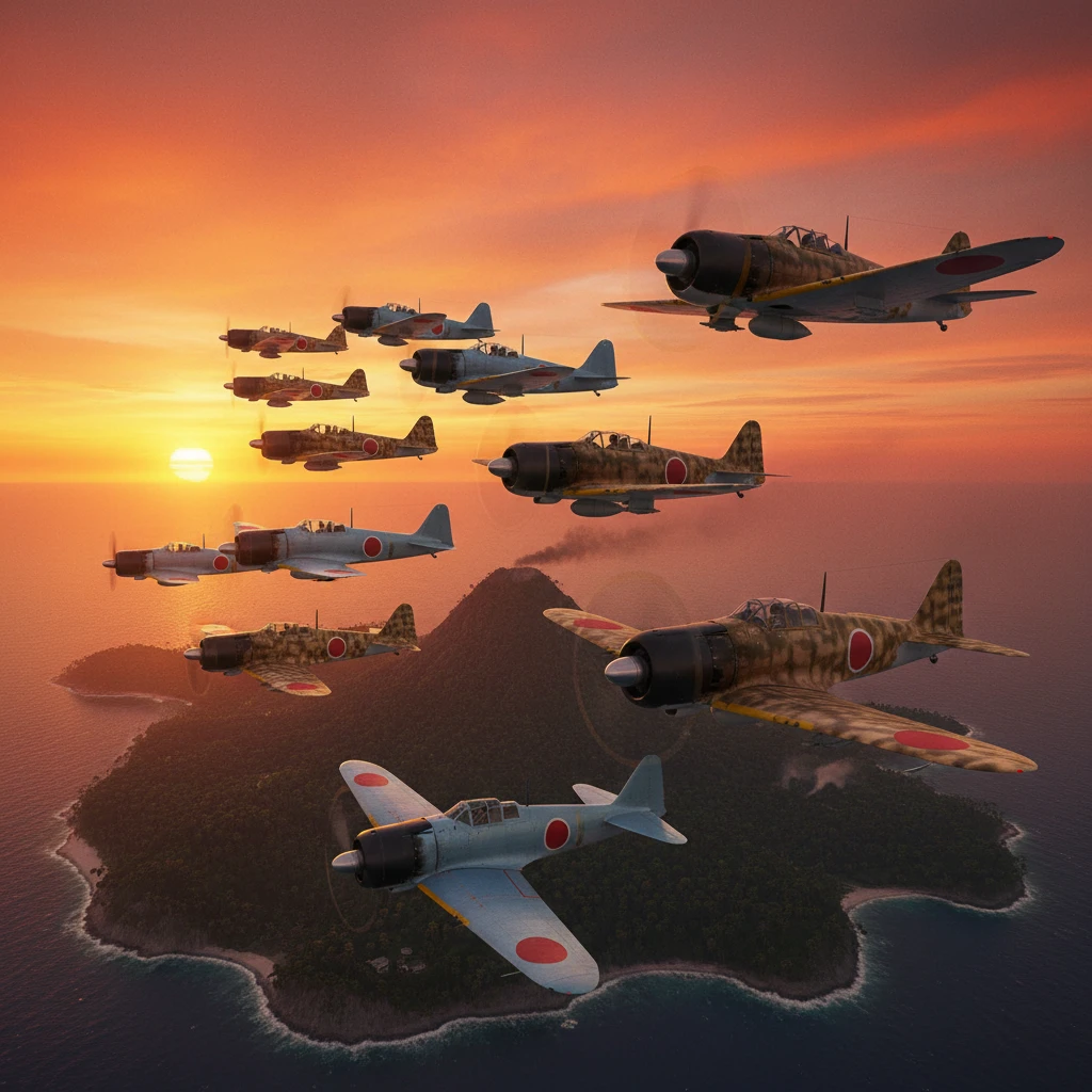 World War II fighter planes over a glowing Pacific island sunset