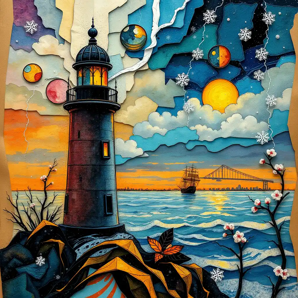 Impressionist lighthouse scene with snowy seascape panels