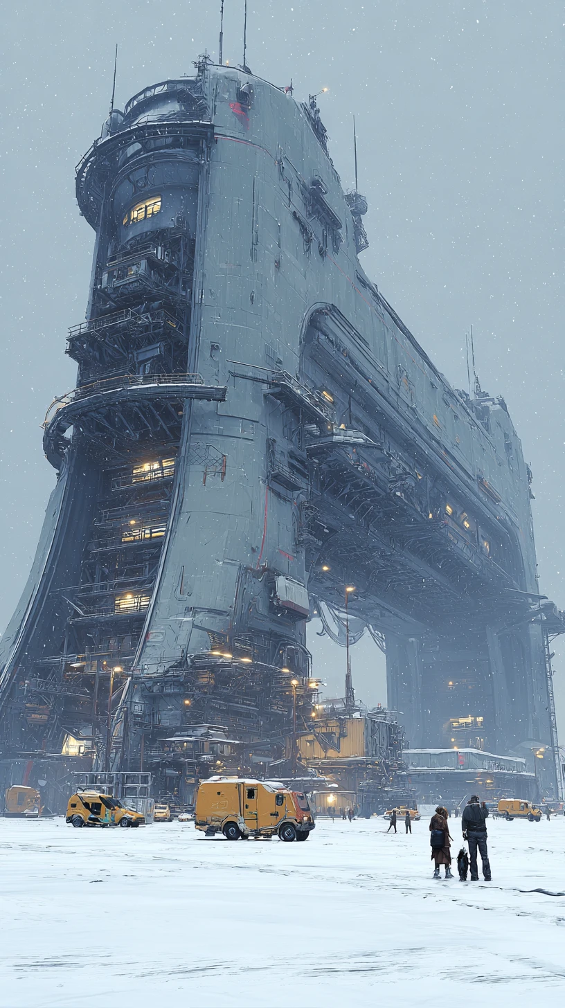 Gigantisches Sci-Fi-Raumschiff auf verschneiter Eisfläche gelandet