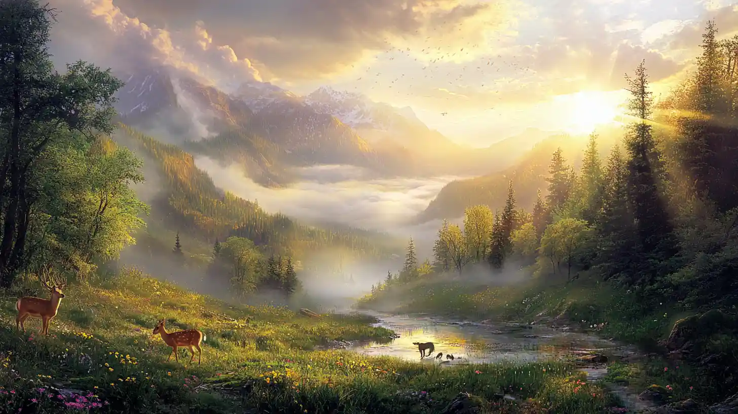 Deer By A Mountain Stream At Sunrise Above Misty Forest