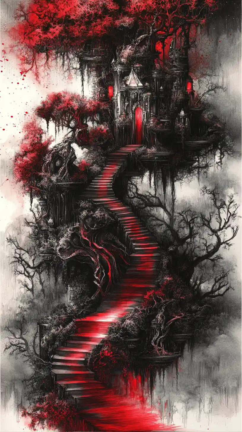 Surrealistische Traumlandschaft in Kohle mit roter Tinte und dramatischer Tiefe