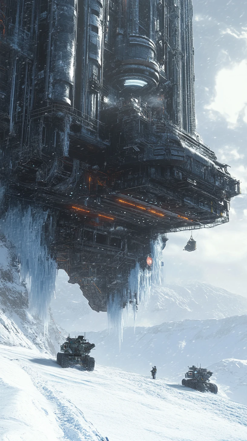 Enorme nave espacial de ciencia ficción aterrizando en una llanura de hielo infinita