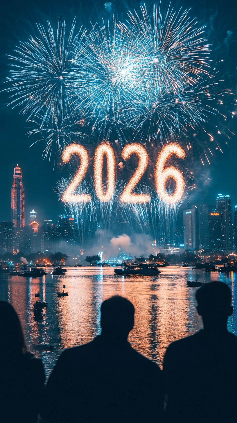 繽紛煙火在城市河畔上空綻放出「2026」