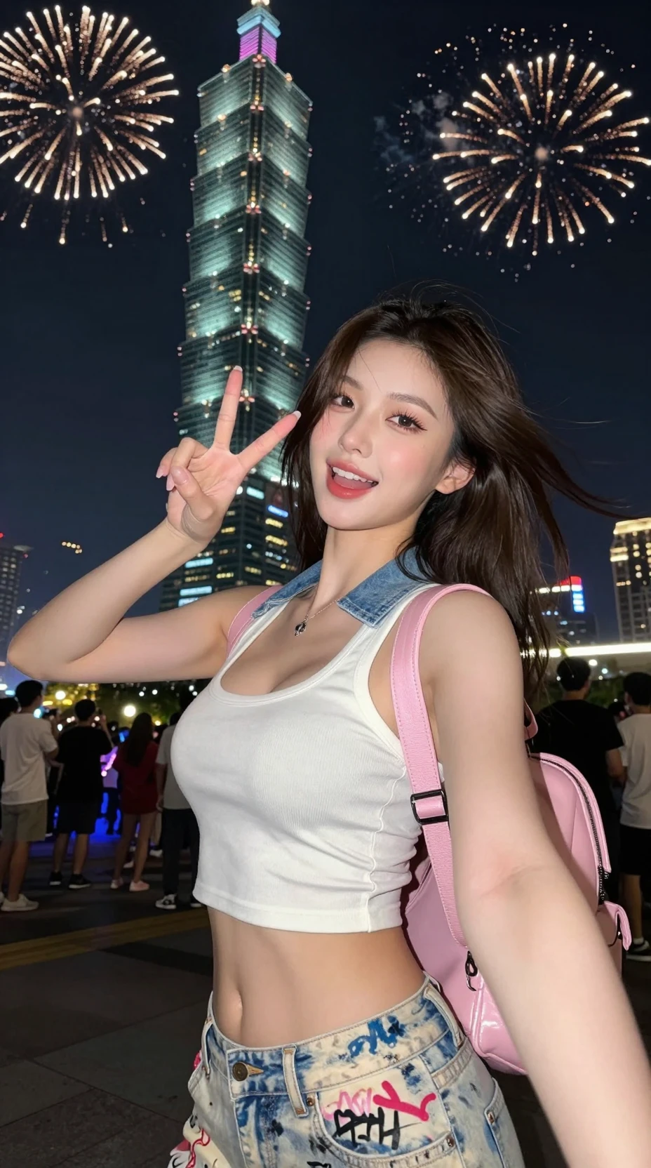 Jeune femme coréenne joyeuse prenant des selfies devant la skyline de Taipei