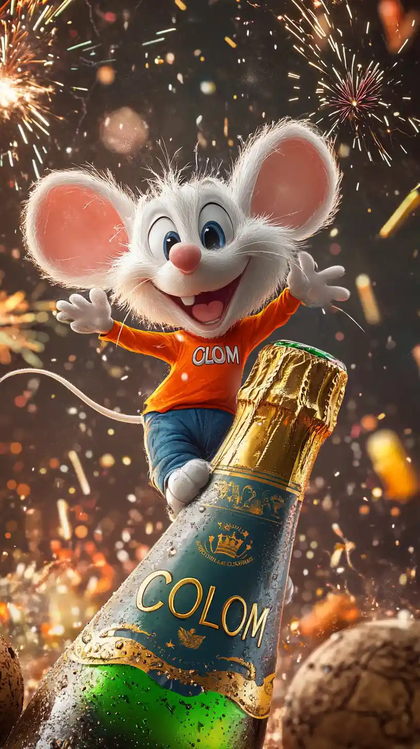 Cartoon mouse celebrating on champagne cork with fireworks