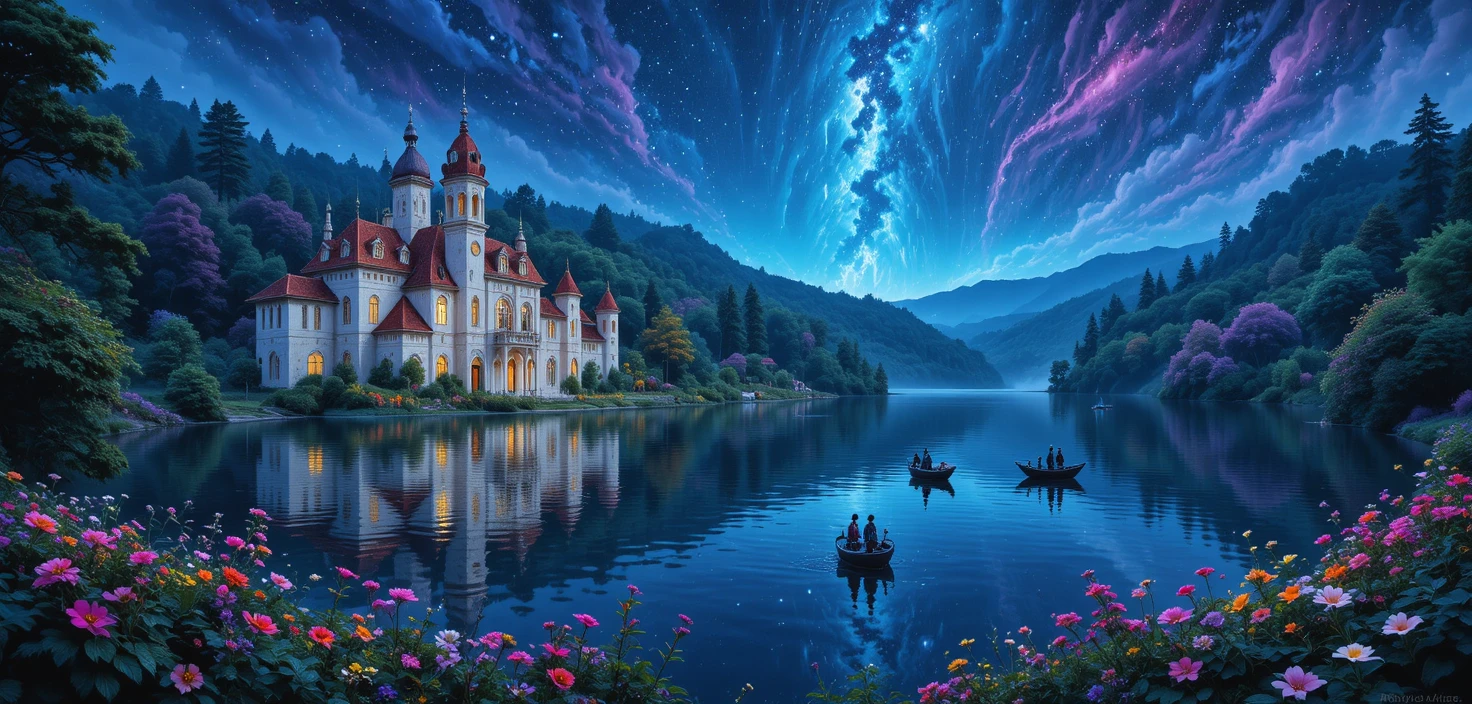 Fantasy palatial hillside above a starry reflective lake