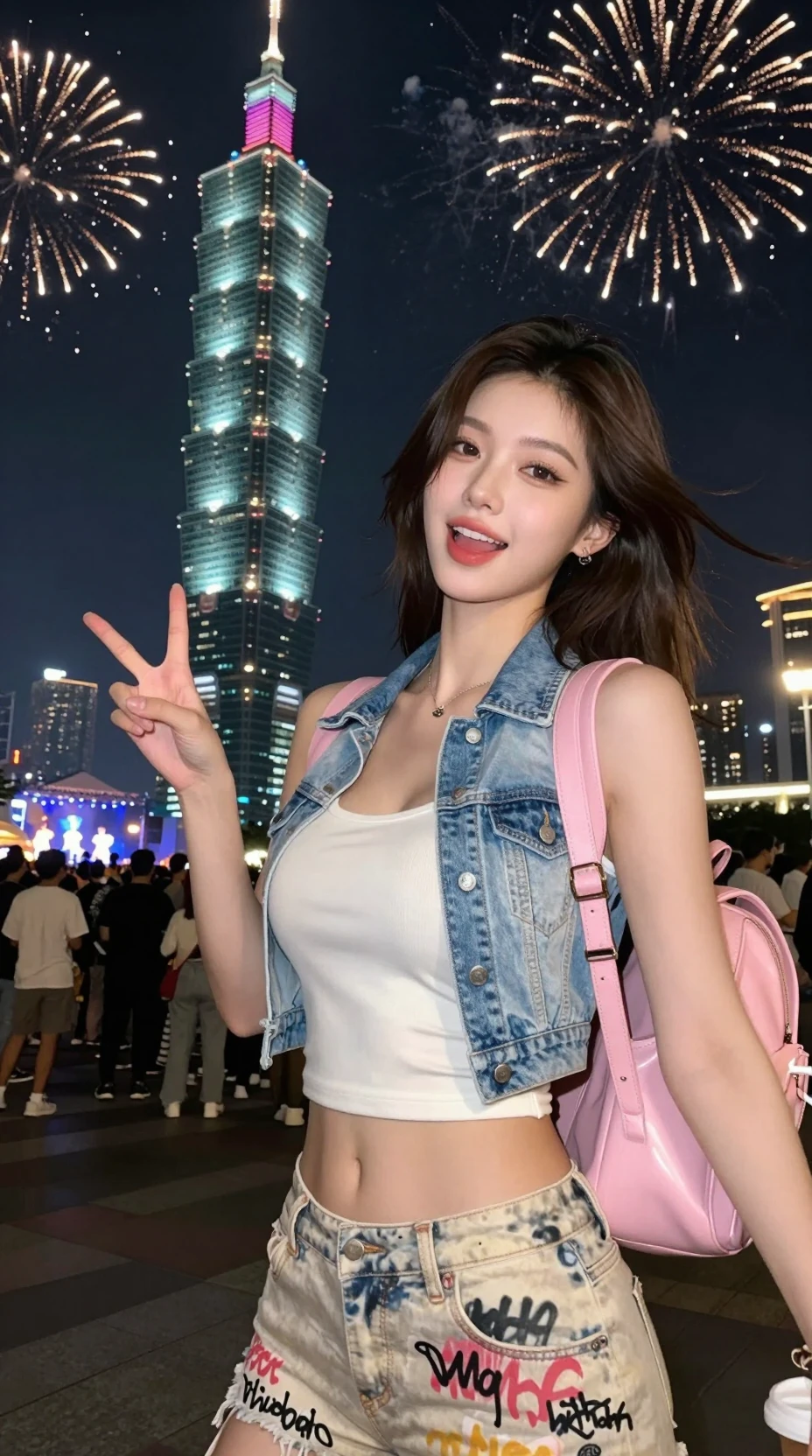 台北101煙火前開心自拍的韓國女子