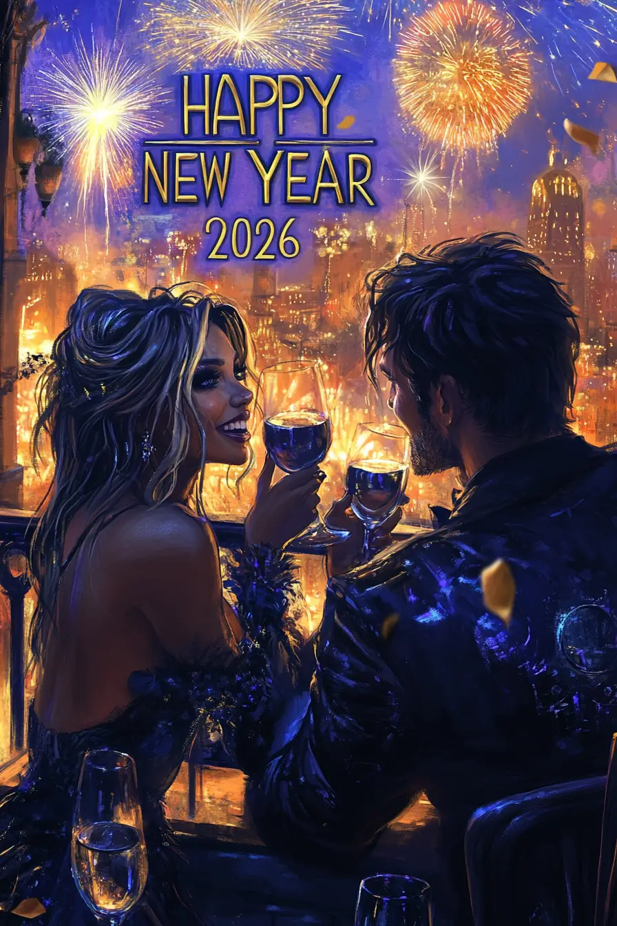Stylish couple toasting at rooftop New Year fireworks party