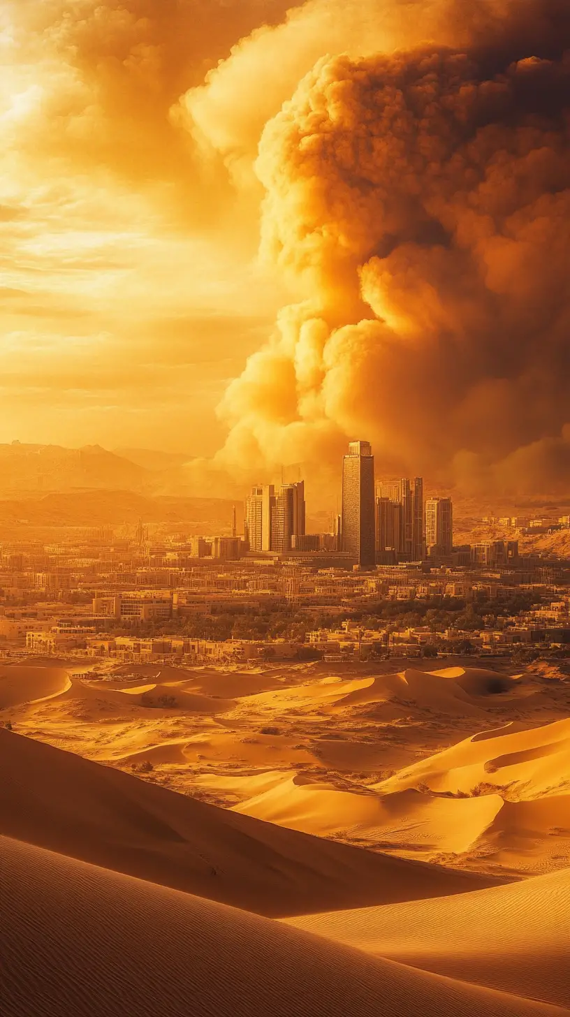 Panoramic desert dunes merging into a distant modern city