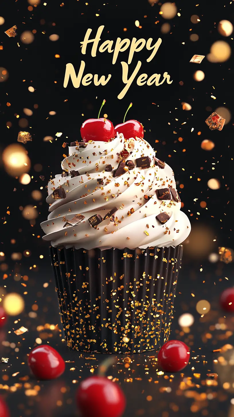 Festive cake with fireworks over a night city skyline