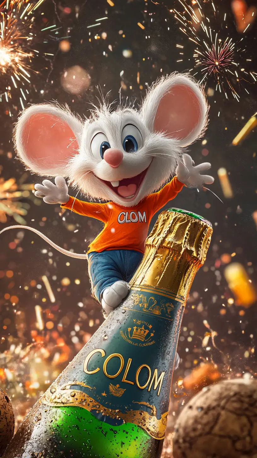 Cartoon mouse celebrating on champagne cork with fireworks