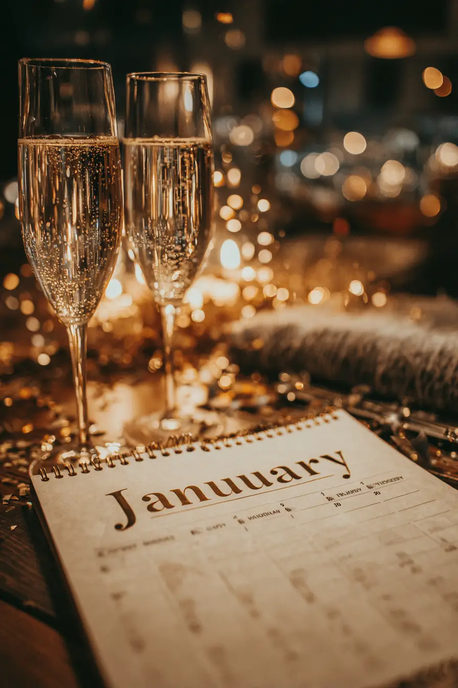 January calendar woman with fireworks and champagne