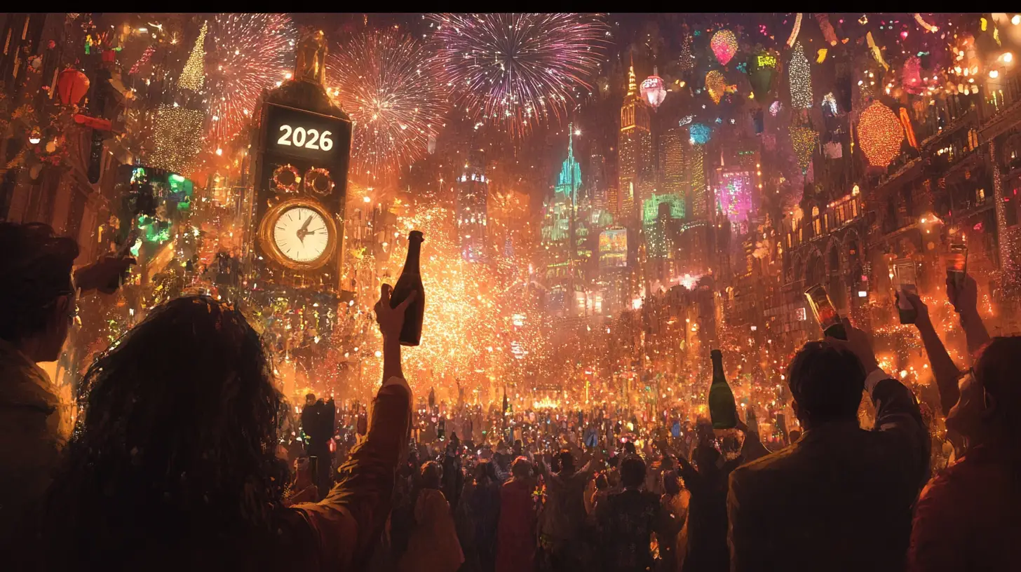 Midnight city skyline with New Year fireworks celebration