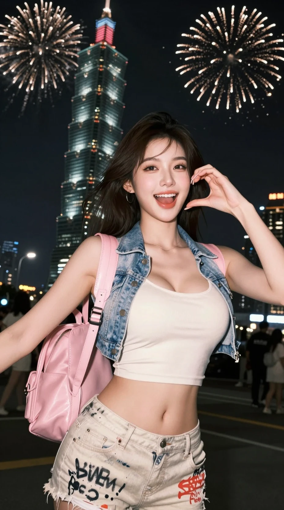 Donna coreana entusiasta si scatta un selfie al Taipei 101 a Capodanno