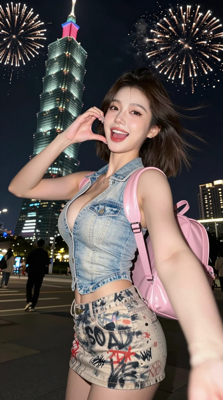 타이베이 101 불꽃놀이 앞에서 행복하게 셀카를 찍는 한국 여성