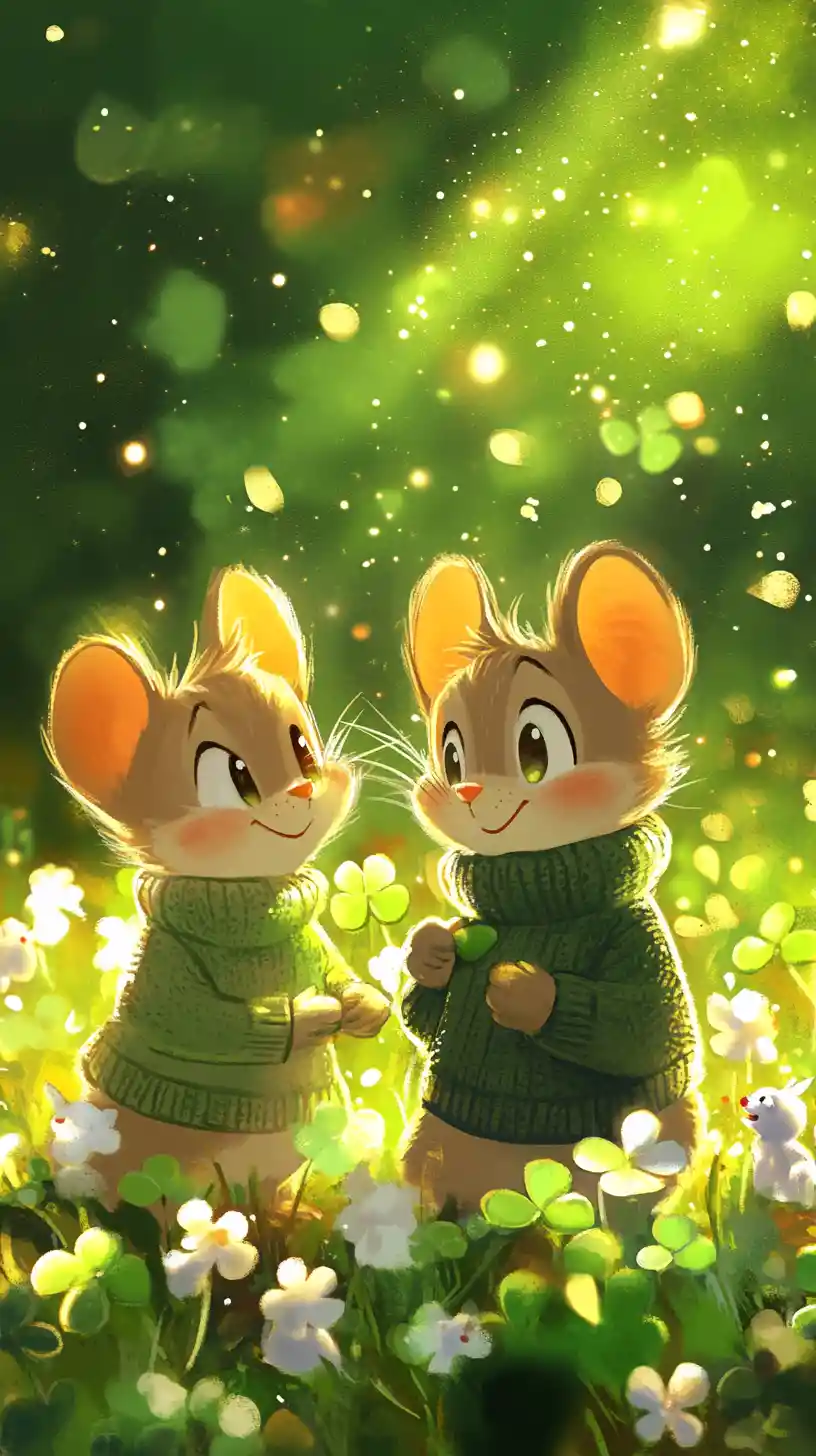 Playful cartoon cat and mouse in clover meadow