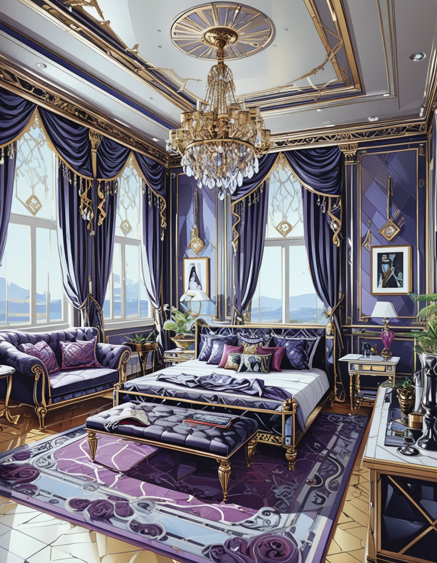 Dark jewel toned luxury 3D interior living room scene