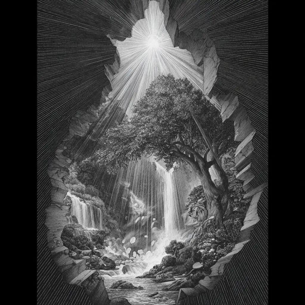 Diorama Surreale in Grafite con Cascata Fluttuante e Foresta