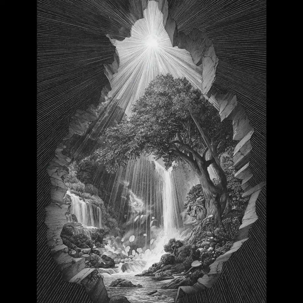 Surreales Graphit-Diorama mit schwebendem Wasserfall und Wald