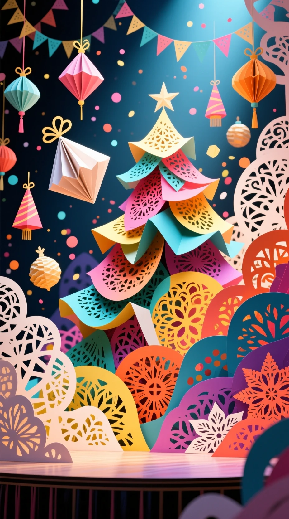 Colorful paper collage of floating new year decorations