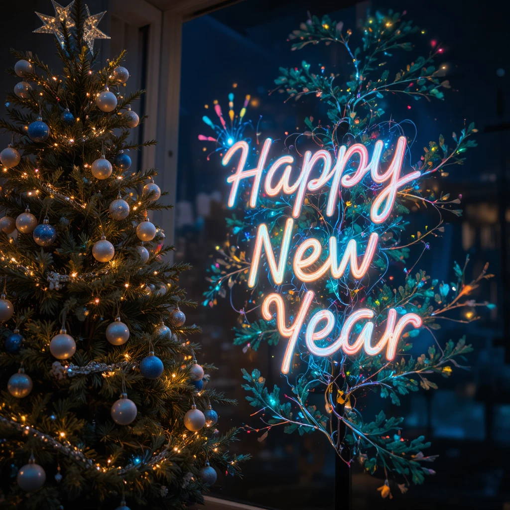 Glowing Christmas tree with lights and festive ornaments